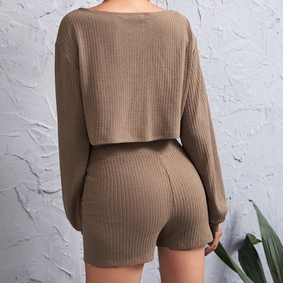Rust off shoulder ribbed Top shorts lounge Set - Picture 8 of 16